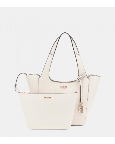 Set de shopper Guess Helina con pochette interior en color hueso con detalles dorados.