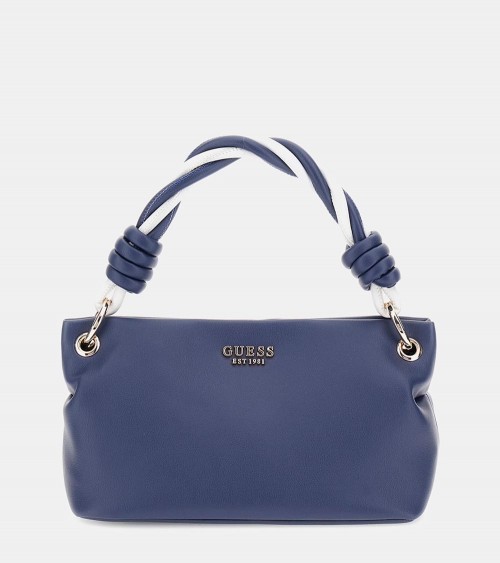 Mini Bolso Guess Cruise Vibe en azul marino con asa trenzada bicolor, ideal para cualquier ocasión.