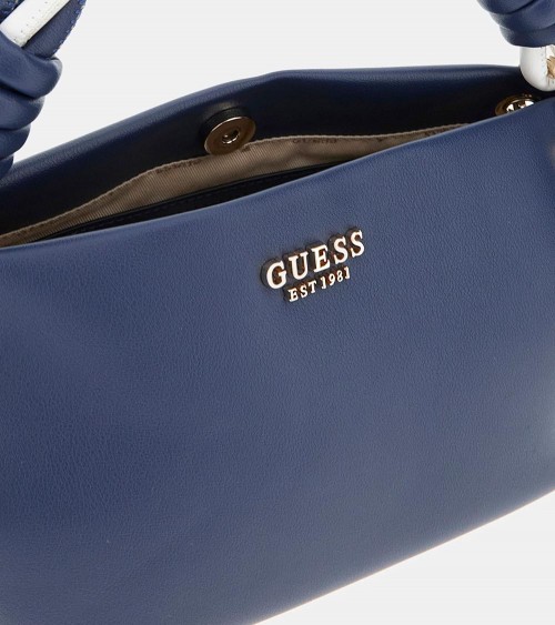 Mini Bolso Guess Cruise Vibe en azul marino con asa trenzada bicolor, ideal para cualquier ocasión.