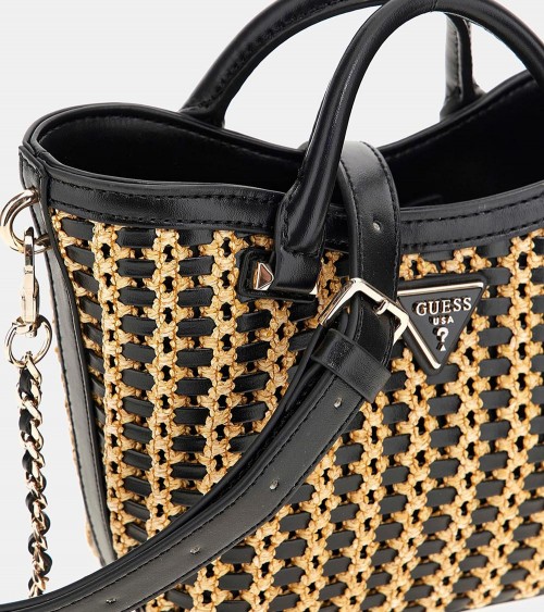 Guess Mini Bolso Atalia en negro y beige, ideal para looks elegantes y casuales.