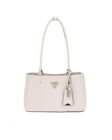 Vista frontal del Guess Meridian Shoulder Satchel en color marfil con logo Guess en relieve.