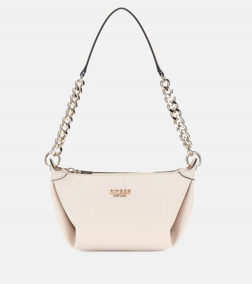 Vista frontal del Guess Eco Evainie Shoulder Bag en color beige con logo dorado Guess.