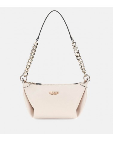 Vista frontal del Guess Eco Evainie Shoulder Bag en color beige con logo dorado Guess.