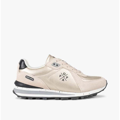 Vista lateral de las zapatillas Popa Blake Laminado Oro para mujer, diseño urbano y moderno.