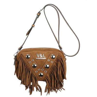 Vista frontal del bolso Victorio & Lucchino Inna en color cuero con flecos y tachuelas.