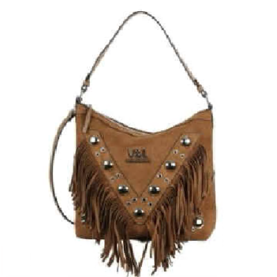 Vista frontal del bolso Victorio & Lucchino Inna en serraje color cuero con flecos.