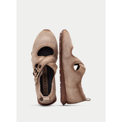 Hispanitas Merceditas Serraje Cuña Taupe HI265077 detalle acabado y logo