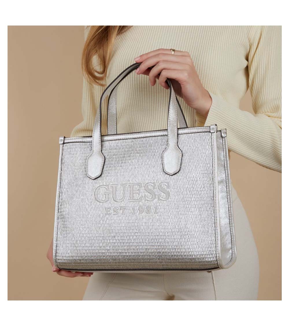 Bolso de mano GUESS Silvana para mujeres en color plata - Lázaro Zapaterías