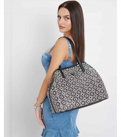 Guess Bolso Mujer Shopper Vikky Rafia Cuero Negro