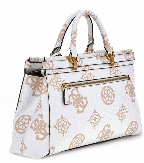 Vista Frontal del Bolso Guess Sestri Luxury Logo Satchel en Blanco