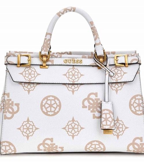 Vista Frontal del Bolso Guess Sestri Luxury Logo Satchel en Blanco