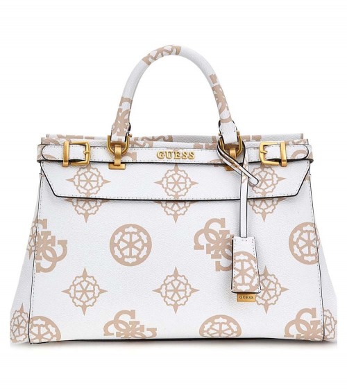 Vista Frontal del Bolso Guess Sestri Luxury Logo Satchel en Blanco