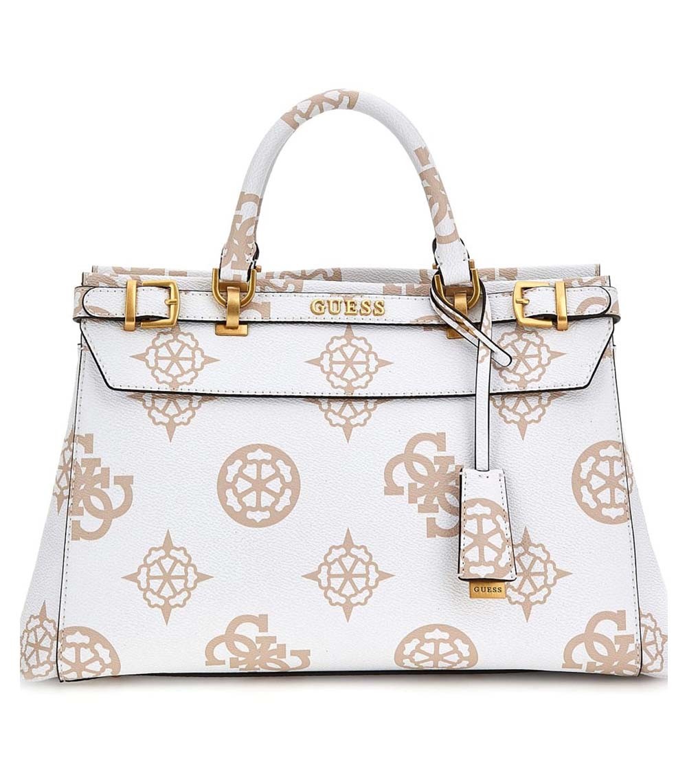 Vista Frontal del Bolso Guess Sestri Luxury Logo Satchel en Blanco