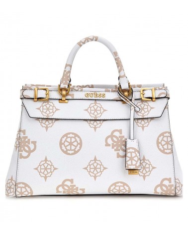 Vista Frontal del Bolso Guess Sestri Luxury Logo Satchel en Blanco