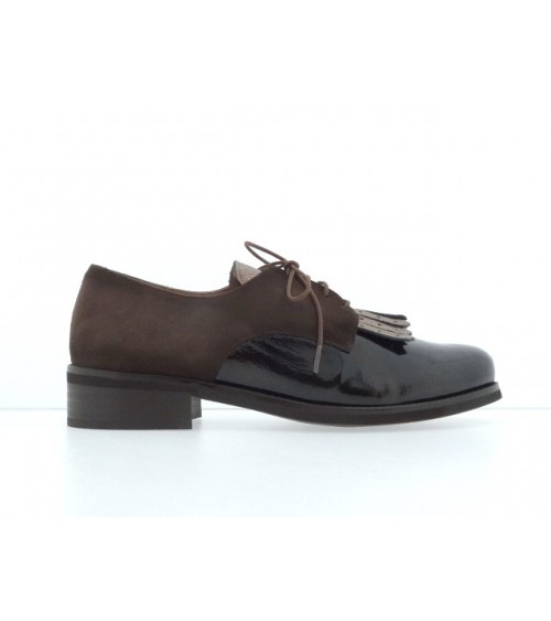 Zapato Oxford de Lorente para mujer en charol negro y ante marrón. Salonissimos