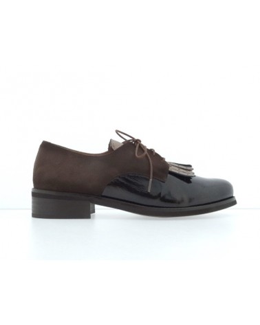 Zapato Oxford de Lorente para mujer en charol negro y ante marrón. Salonissimos