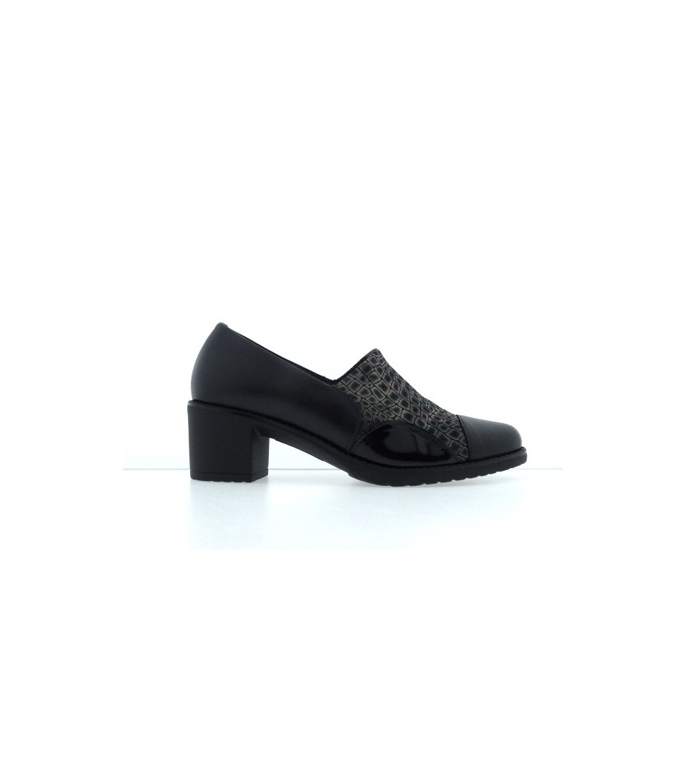 Zapatos Lorente en piel negra con tacón medio para mujer - Vista lateral | Lázaro Zapaterías.