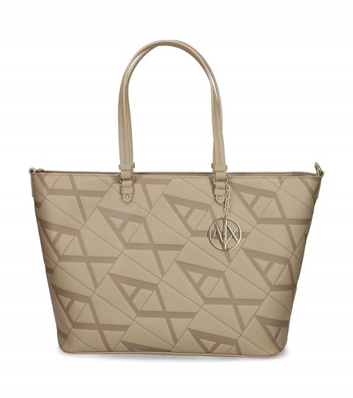 Bolso shopper Armani Exchange beige con logotipo en relieve y bandolera ajustable.