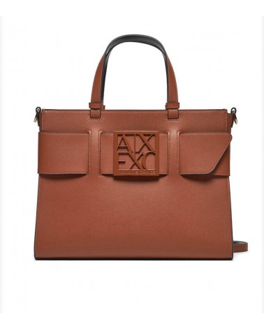 Bolso tote mediano Armani Exchange en color whisky con detalle en contraste.