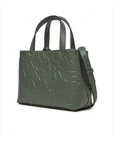 Vista lateral del bolso shopper Armani Exchange verde con correa ajustable.