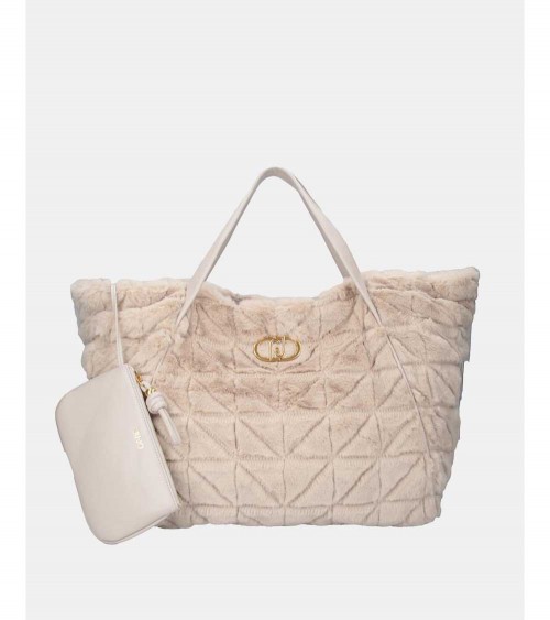 Bolso maxi saco Liu Jo en color beige con diseño de pelo sintético y detalles dorados.