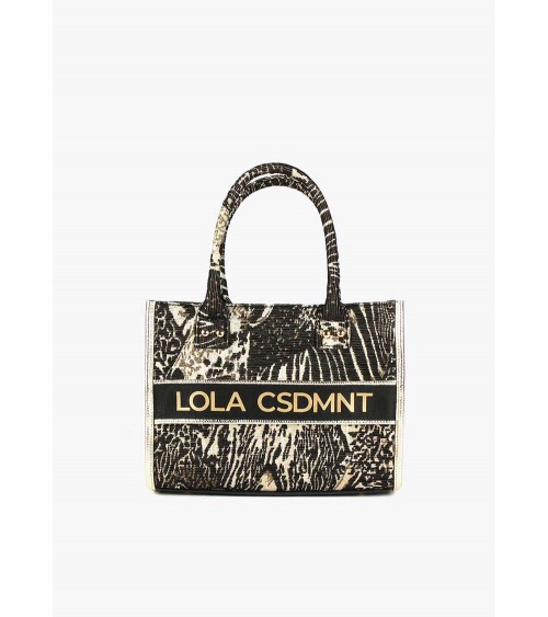 Lola Casademunt Mini Shopper Jacquard Negro y Metal: Mini shopper con diseño animal print y logo frontal en tonos metálicos.