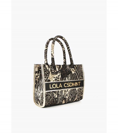 Lola Casademunt Mini Shopper Jacquard Negro y Metal: Mini shopper con diseño animal print y logo frontal en tonos metálicos.