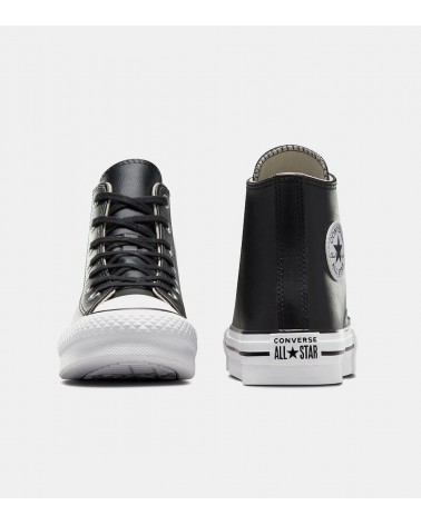 Detalle frontal y trasero de las Converse Chuck Taylor All Star Lift Leather Alta en negro.