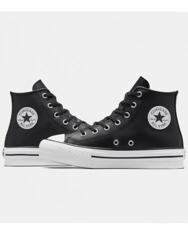 Vista lateral de las Converse Chuck Taylor All Star Lift Leather Alta en negro, con suela de goma.