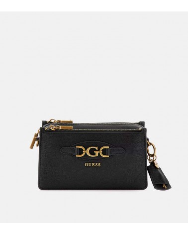 Vista frontal del Bolso Guess Malva Status Crossbody en negro con detalles en oro envejecido.