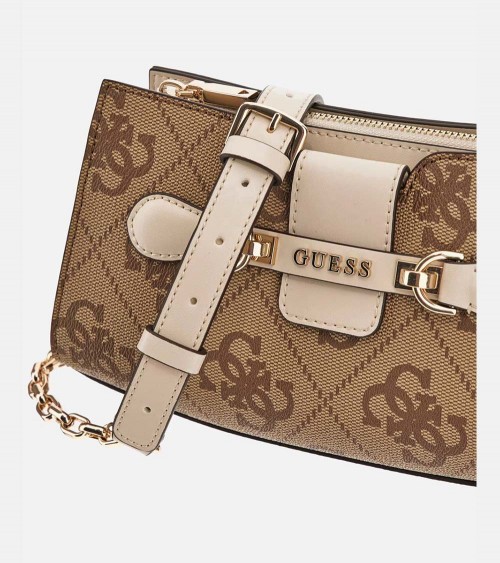 Vista frontal de la bandolera Guess NOLANA en beige con estampado 4G y detalles en oro pálido.