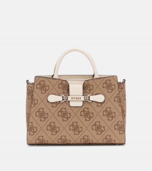 Vista frontal del Bolso Guess NOLANA Girlfriend Satchel en tono beige con logo 4G.