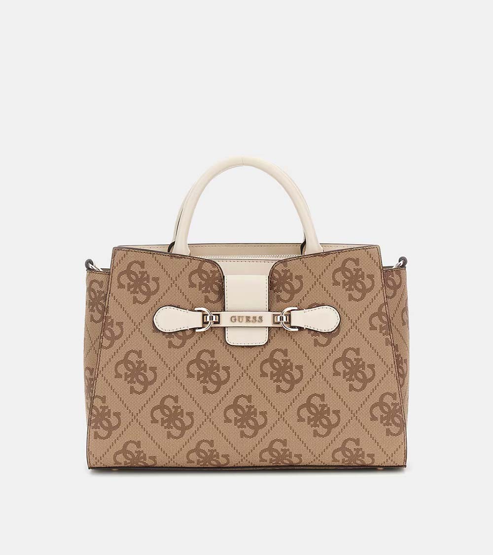 Vista frontal del Bolso Guess NOLANA Girlfriend Satchel en tono beige con logo 4G.