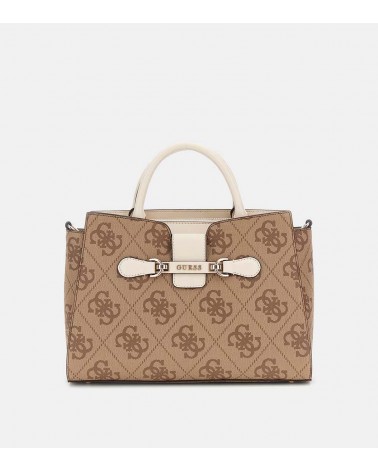 Vista frontal del Bolso Guess NOLANA Girlfriend Satchel en tono beige con logo 4G.