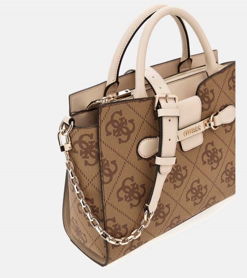 Vista frontal del Bolso Guess NOLANA Girlfriend Satchel en tono beige con logo 4G.