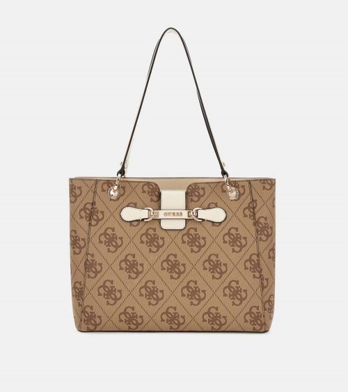 Vista frontal del bolso Guess NOLANA NOEL TOTE en beige.