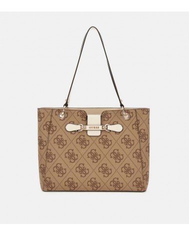 Vista frontal del bolso Guess NOLANA NOEL TOTE en beige.