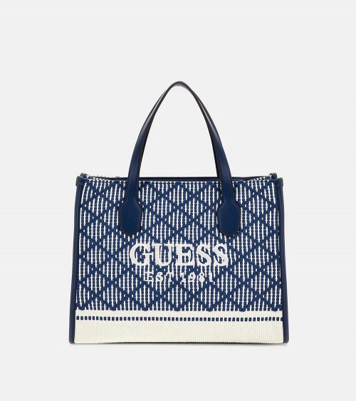 Bolso de mano Guess Silvana en tejido trenzado azul/blanco.