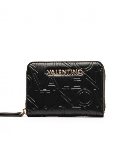 Vista frontal del monedero Lio Re de Valentino Bags en PU reciclado negro, con diseño compacto.