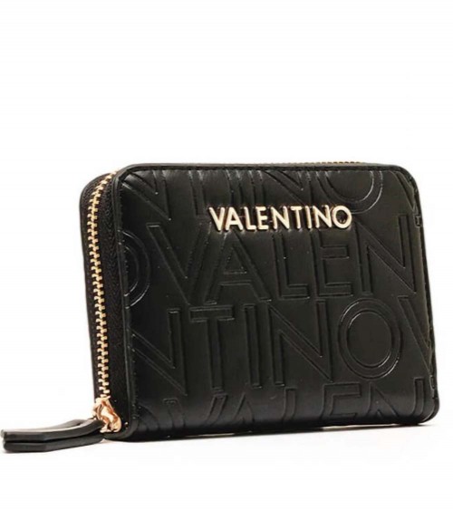 Vista frontal del monedero Lio Re de Valentino Bags en PU reciclado negro, con diseño compacto.