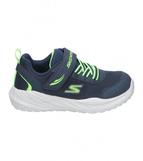 Vista lateral de las Skechers Nitro Sprint en azul para niño, con suela acolchada.