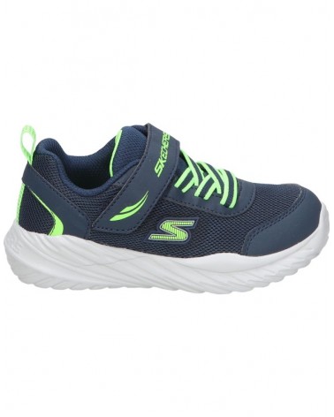 Vista lateral de las Skechers Nitro Sprint en azul para niño, con suela acolchada.