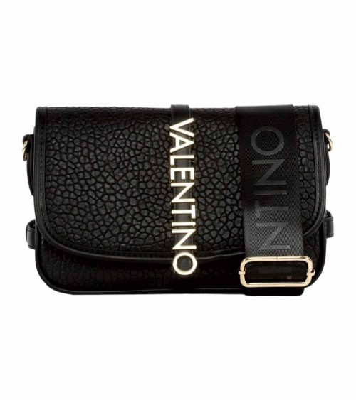 "Bolso Valentino Mujer en negro con logotipo dorado y textura granulada."