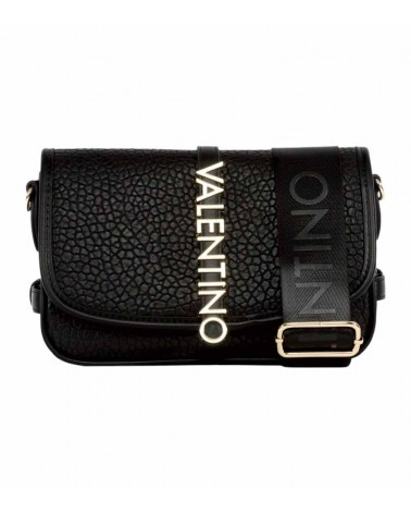 "Bolso Valentino Mujer en negro con logotipo dorado y textura granulada."