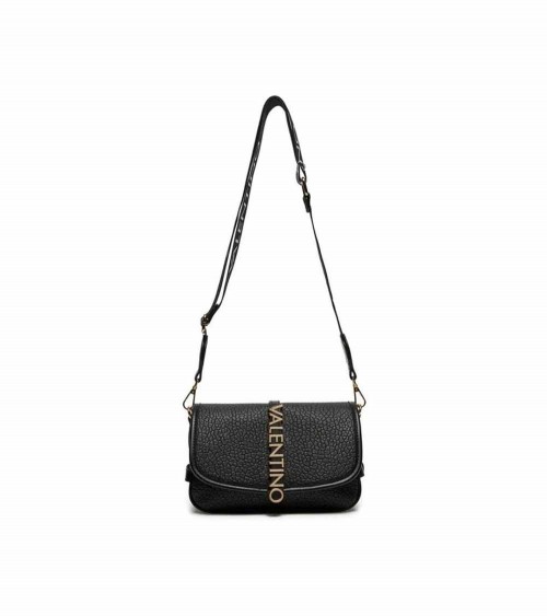 "Bolso Valentino Mujer en negro con logotipo dorado y textura granulada."