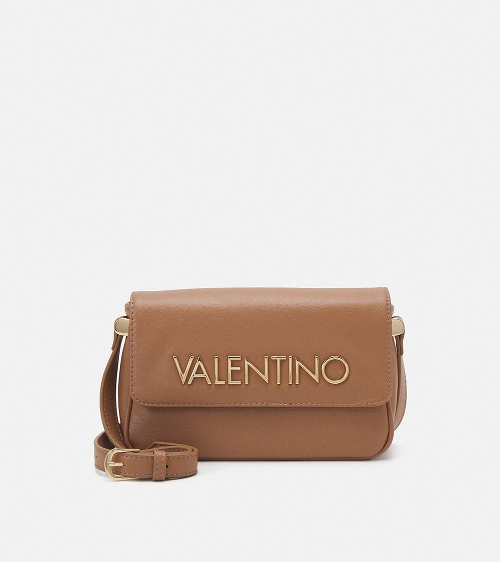 Vista frontal del Valentino Brown Letterman Caprice Flap Bag en beige con detalles dorados.