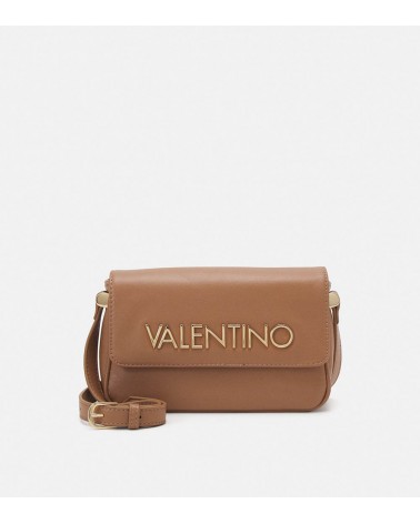 Vista frontal del Valentino Brown Letterman Caprice Flap Bag en beige con detalles dorados.