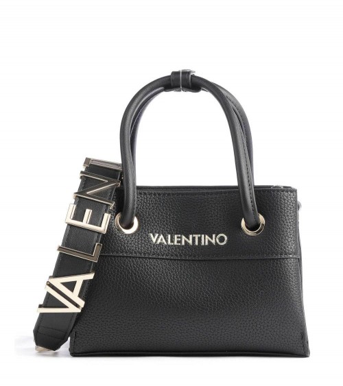 Vista frontal del bolso Valentino Alexia negro con detalles dorados.