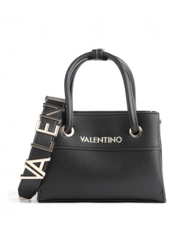 Vista frontal del bolso Valentino Alexia negro con detalles dorados.