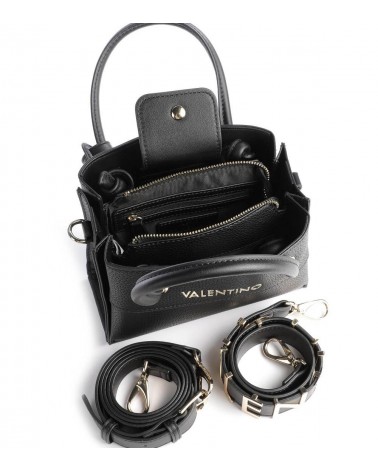 Interior del bolso Valentino negro con compartimentos y correas adicionales.